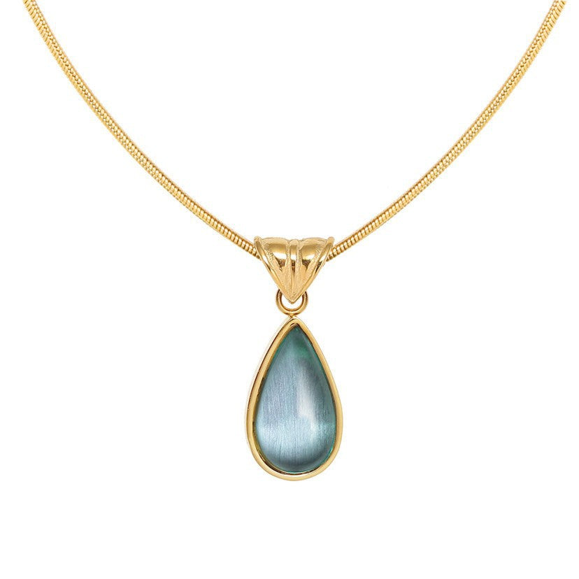 French Retro Olive Green Blue Drop Pendant Necklace