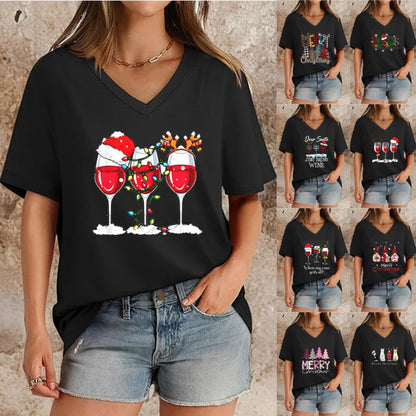 Women's Top V-neck Short Sleeve Pure Color Ladies' Christmas V-neck T-shirt