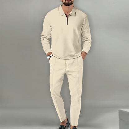 Waffle Solid Color Zipper Long Sleeve Trousers Suit Men