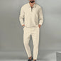 Waffle Solid Color Zipper Long Sleeve Trousers Suit Men