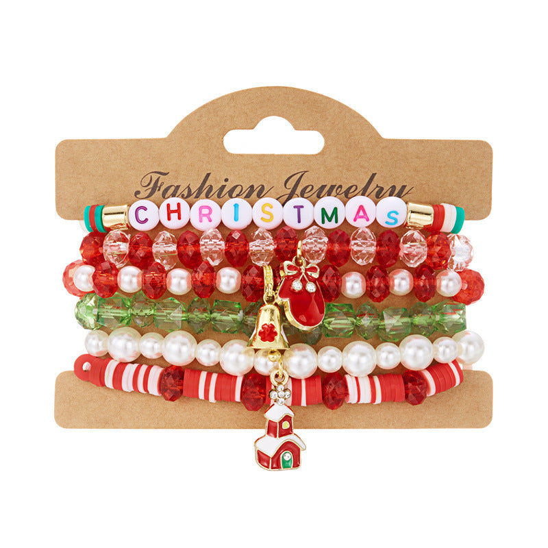 Soft Clay Crystal Christmas Bracelet Set with Drip Paint Christmas Color Letter Bead Bracelet Set for Women