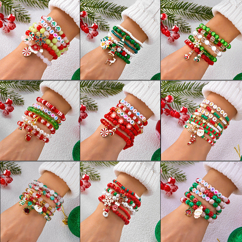 Soft Clay Crystal Christmas Bracelet Set with Drip Paint Christmas Color Letter Bead Bracelet Set for Women