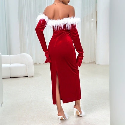Women's sexy Christmas red dress autumn and winter new style temperament banquet mid length skirt