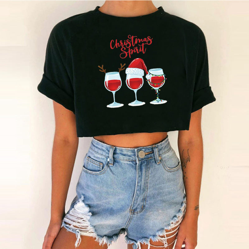 Women's Short Top Christmas Crop Top INS Style Spicy Girl Basic Short Sleeve Round Neck T-Shirt