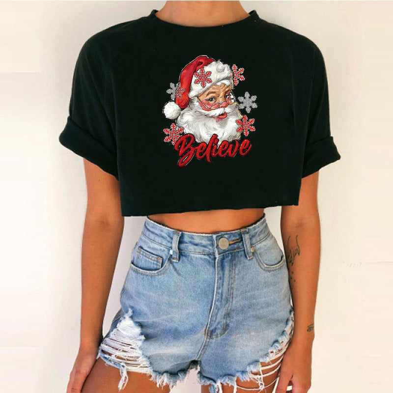 Women's Short Top Christmas Crop Top INS Style Spicy Girl Basic Short Sleeve Round Neck T-Shirt