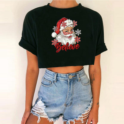Women's Short Top Christmas Crop Top INS Style Spicy Girl Basic Short Sleeve Round Neck T-Shirt
