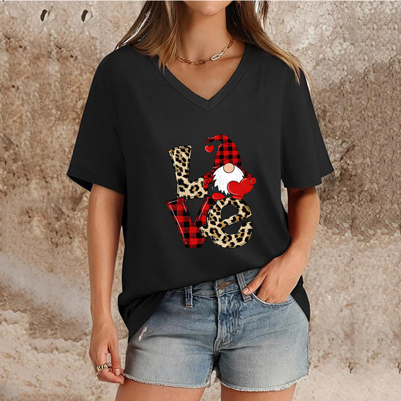 Women's Top V-neck Short Sleeve Pure Color Ladies' Christmas V-neck T-shirt
