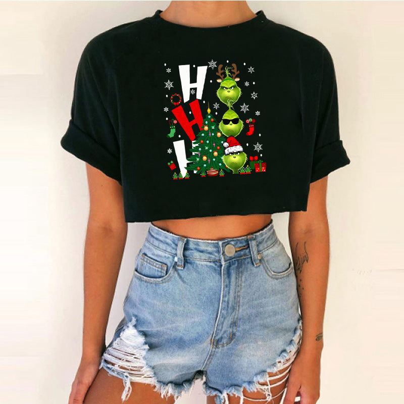Women's Short Top Christmas Crop Top INS Style Spicy Girl Basic Short Sleeve Round Neck T-Shirt