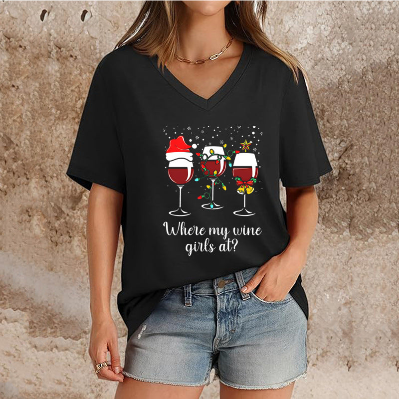Women's Top V-neck Short Sleeve Pure Color Ladies' Christmas V-neck T-shirt