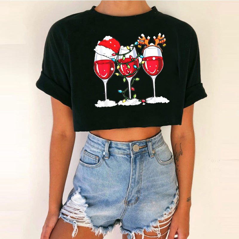 Women's Short Top Christmas Crop Top INS Style Spicy Girl Basic Short Sleeve Round Neck T-Shirt