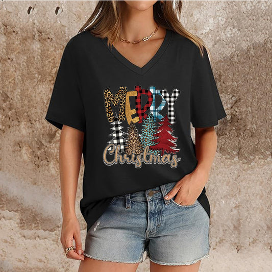 Women's Top V-neck Short Sleeve Pure Color Ladies' Christmas V-neck T-shirt