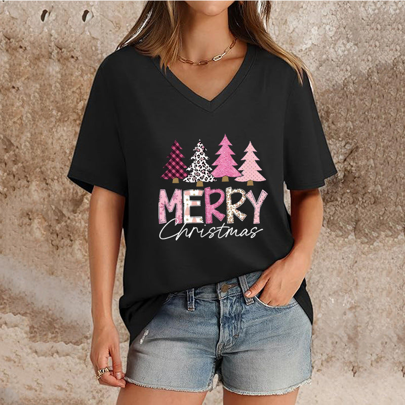 Women's Top V-neck Short Sleeve Pure Color Ladies' Christmas V-neck T-shirt