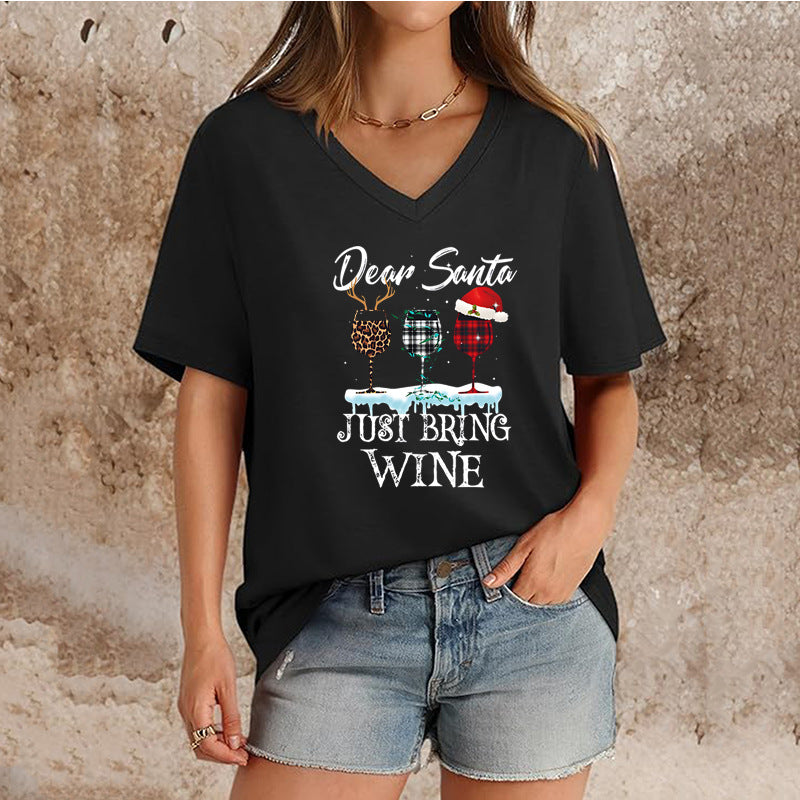 Women's Top V-neck Short Sleeve Pure Color Ladies' Christmas V-neck T-shirt